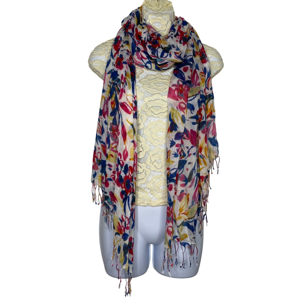 Lands' End Scarf Women OS White Multi Floral Lightweight Fringe Gauze Scarf - Picture 1 of 7